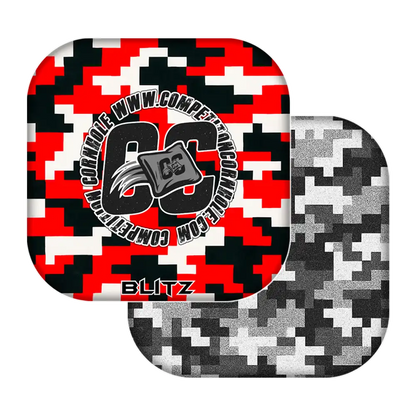 Two geometric-patterned cornhole bags with a central logo on a white background
