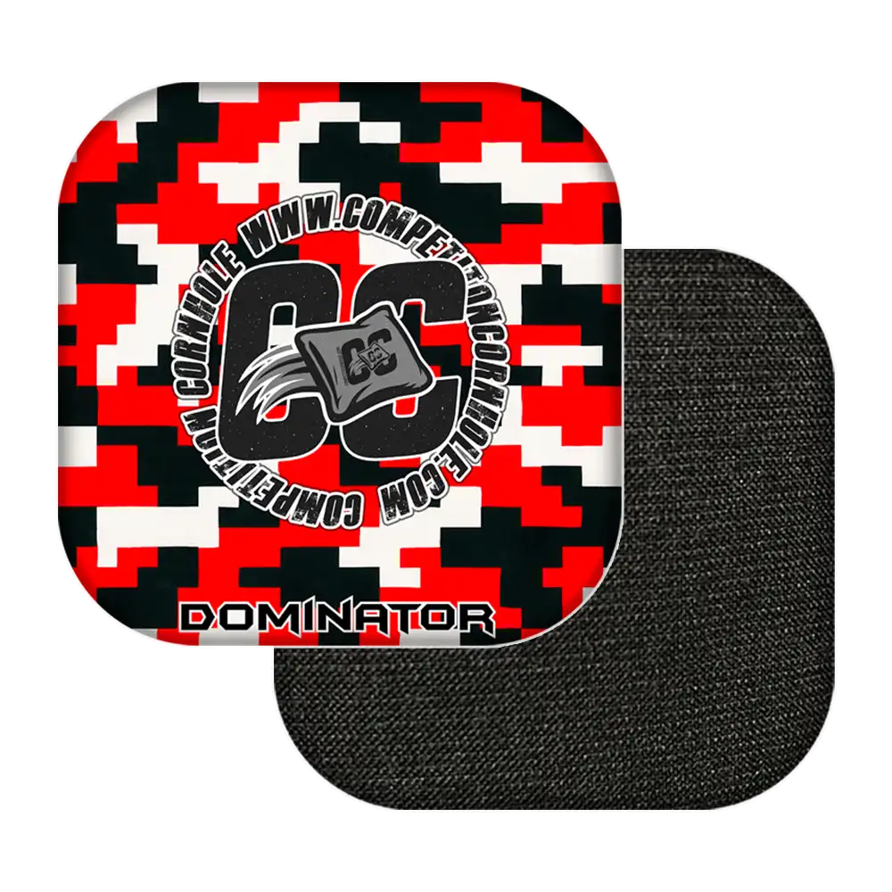 Black and red digital patterned cornhole bags with 'Dominator' branding on a white background