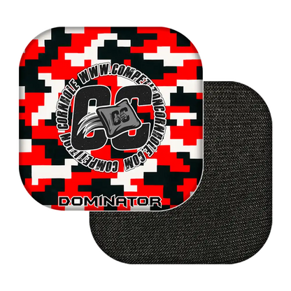 Black and red digital patterned cornhole bags with 'Dominator' branding on a white background