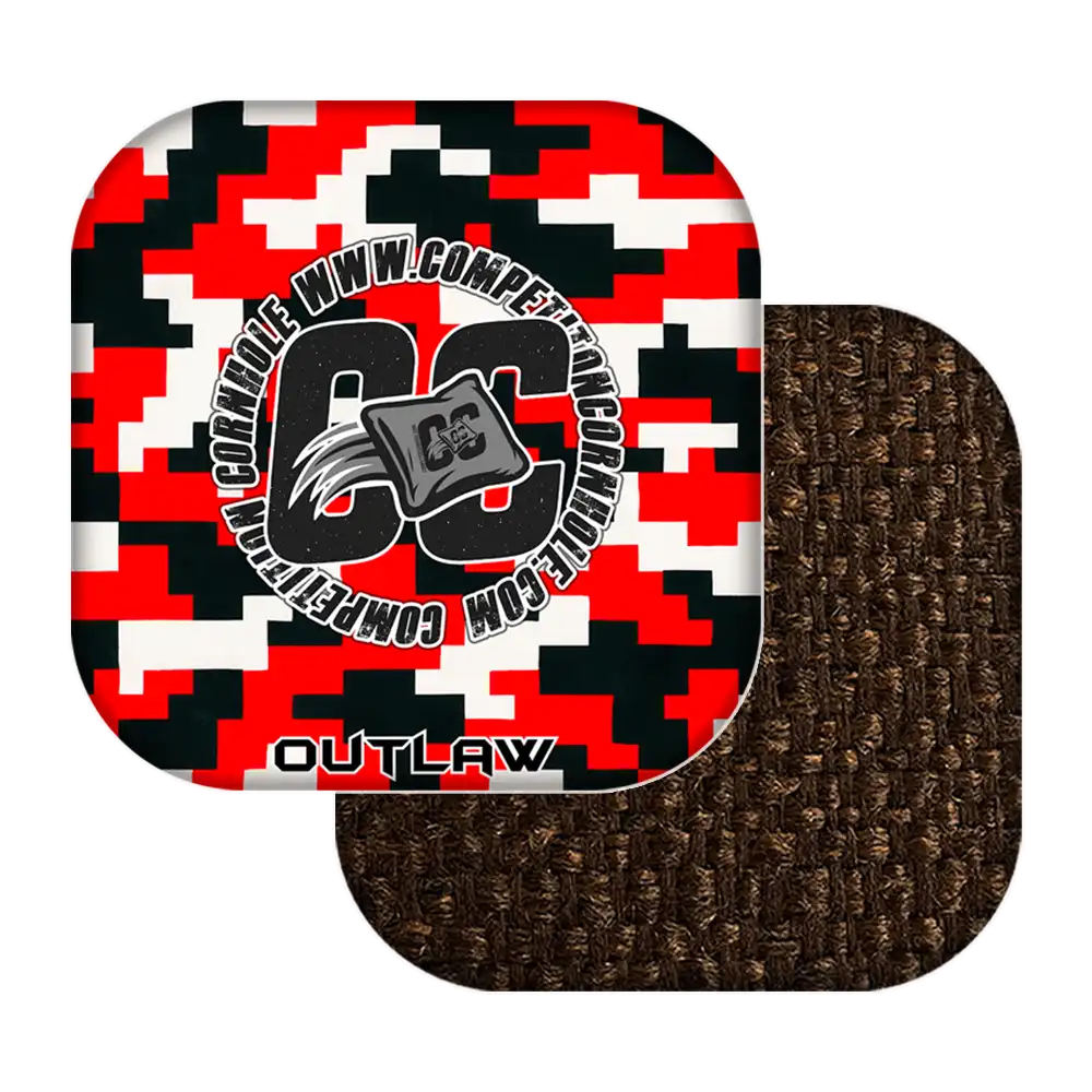 cornhole bags with red, black, and white pixelated design featuring a logo and text on a white background.