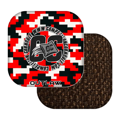 cornhole bags with red, black, and white pixelated design featuring a logo and text on a white background.