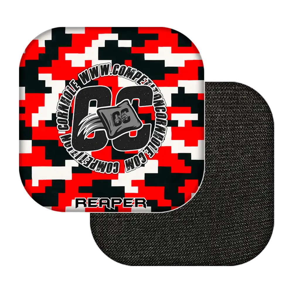 cornhole bags with red, black, and white camouflage pattern featuring a logo and text on a white background.