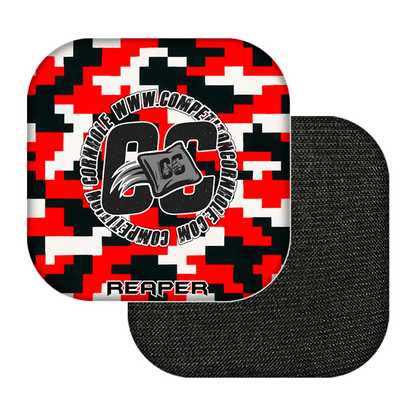 cornhole bags with red, black, and white camouflage pattern featuring a logo and text on a white background.