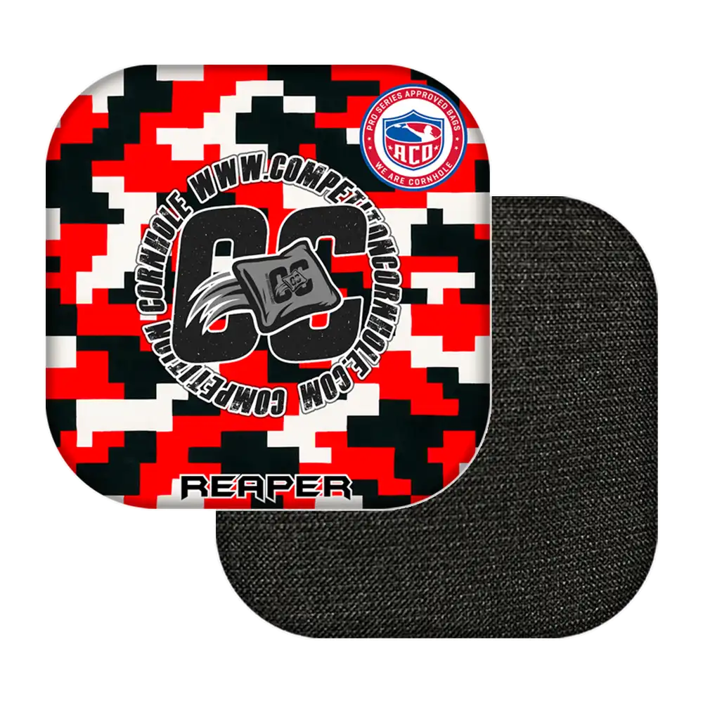 Black, red, and white camouflage cornhole bags with 'GC' branding on a white background