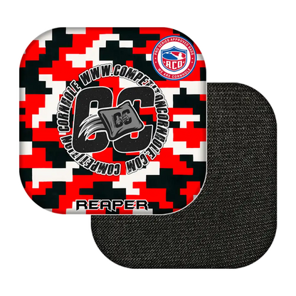 Black, red, and white camouflage cornhole bags with 'GC' branding on a white background