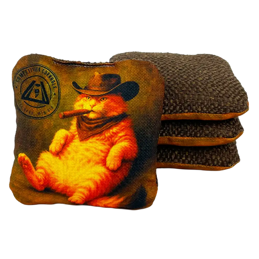 Stack of cornhole bags with a cowboy cat design on one coaster, on a white background