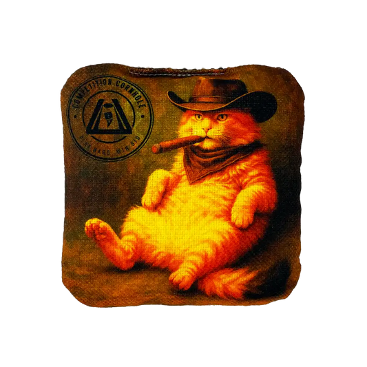 Cat wearing a cowboy hat and bandana with a cigar, on a brown background with a logo.