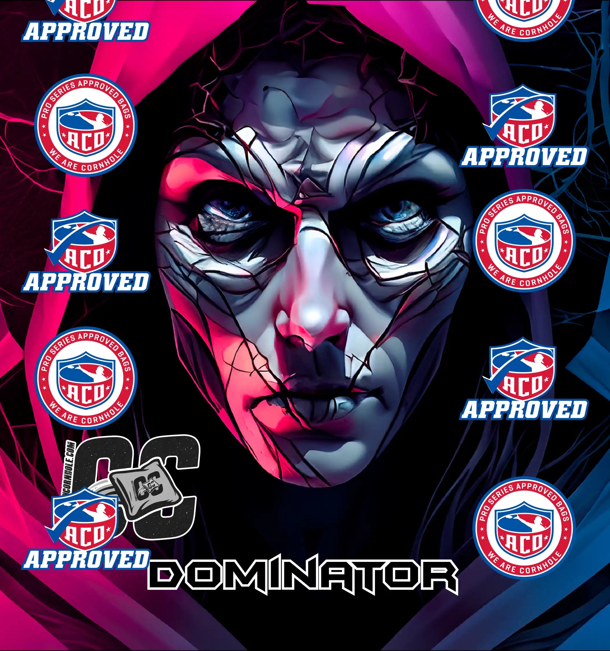 Artistic depiction of a mask with red and white accents on a background with 'ACO Approved' logos.