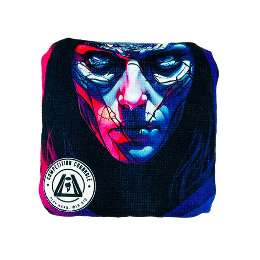 Colorful face design on a black background with a visible brand logo.