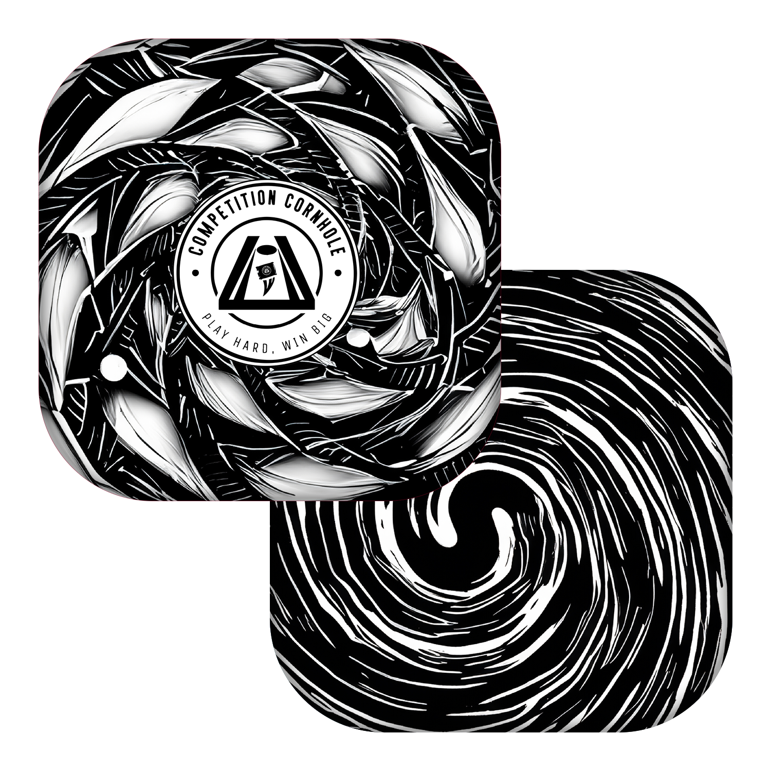 Black and white abstract design with a central logo on a white background