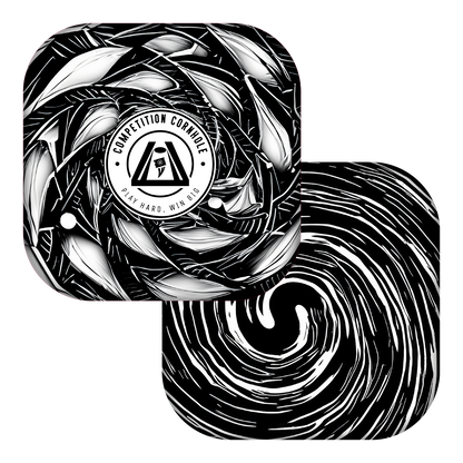 Black and white abstract design with a central logo on a white background