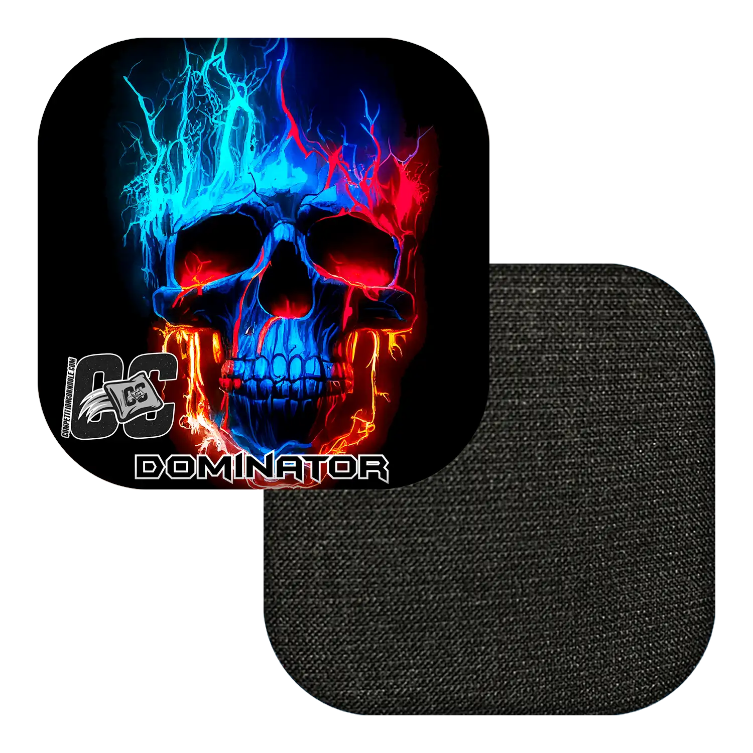 Cornhole Bag with a colorful skull design and 'Dominator' branding.
