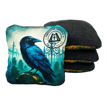 Cornhole bag with a blue raven design and a set of black and green wrist wraps on a white background.