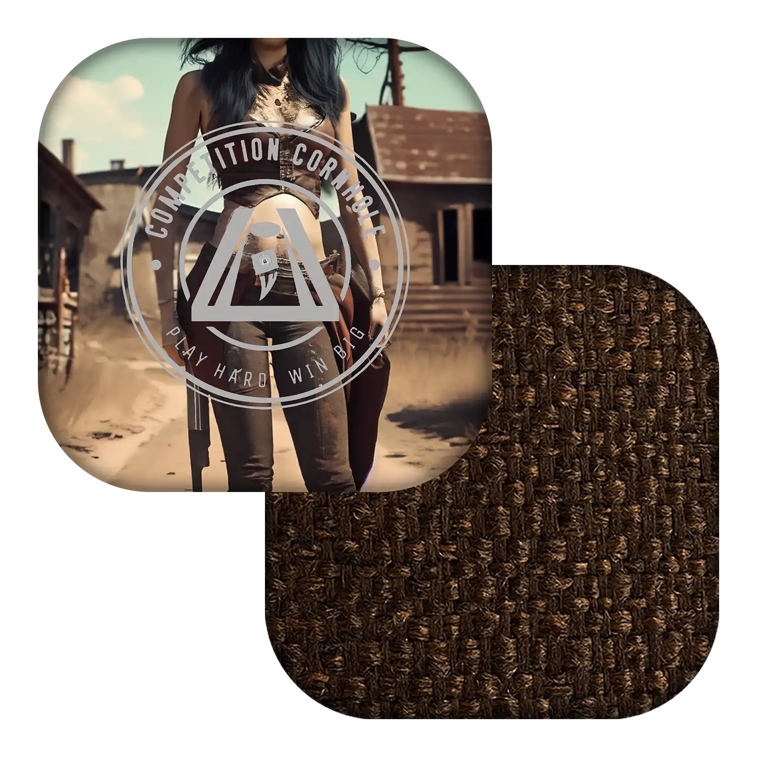 Person holding a bag with a textured brown square and logo overlay