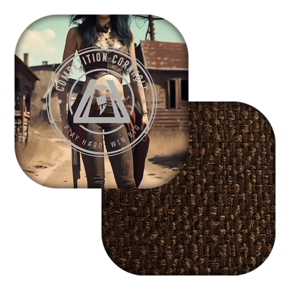 Person holding a bag with a textured brown square and logo overlay