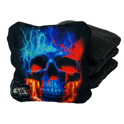 Cornhole bags with colorful skull design on a white background