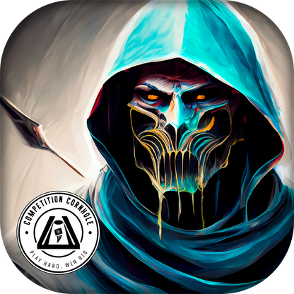 Artistic depiction of a hooded figure with glowing eyes and a stylized face, featuring the Competition Cornhole logo.