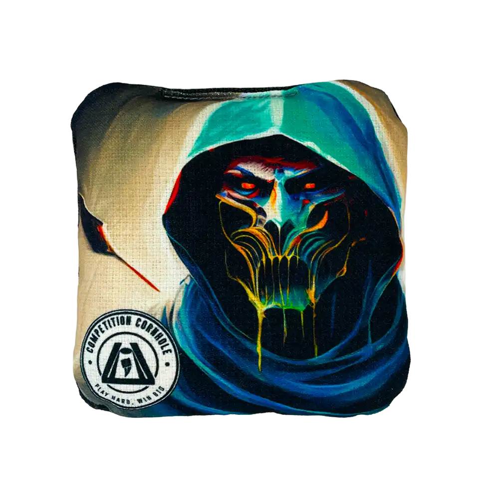 Colorful hooded figure with glowing eyes on a product packaging, featuring a brand logo.