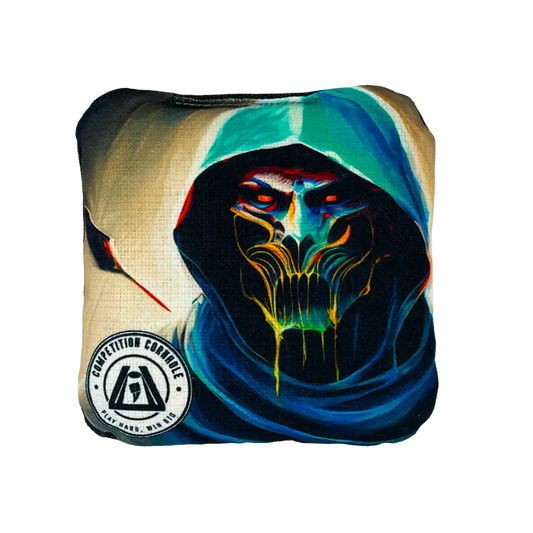 Colorful hooded figure with glowing eyes on a product packaging, featuring a brand logo.