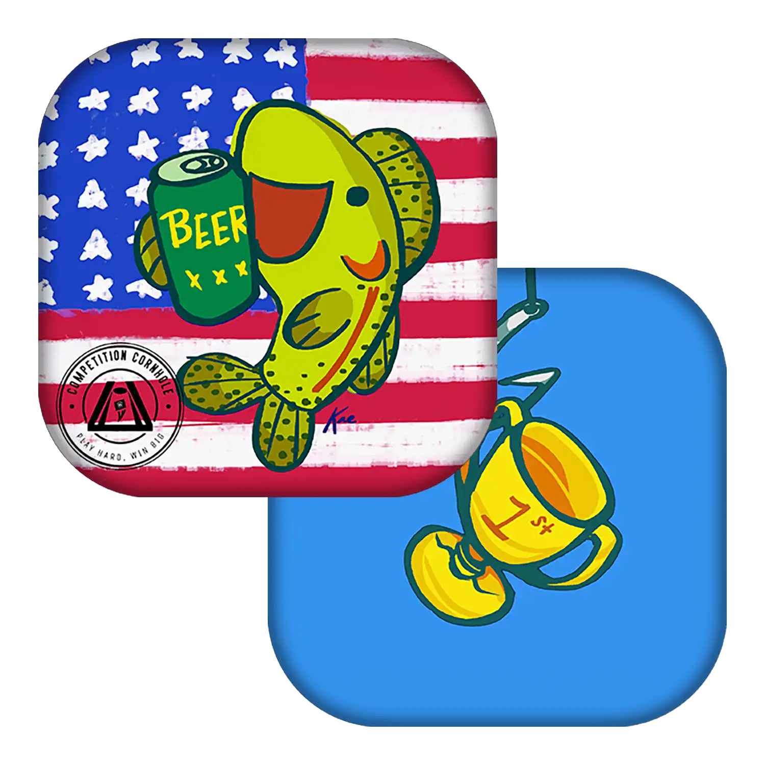 Cornhole bag with a fish and beer can design on an American flag background
