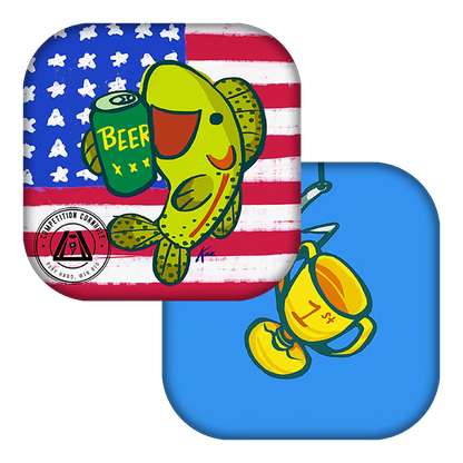 Cornhole bag with a fish and beer can design on an American flag background