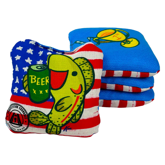 Colorful bean bags with fish and beer mug design on a white background