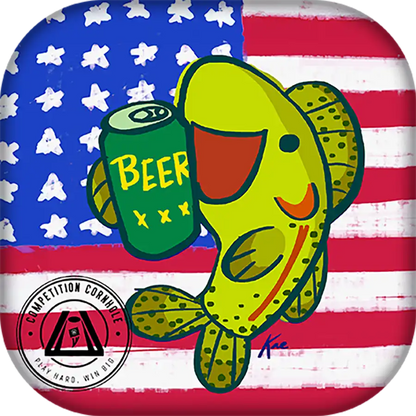 Cartoon fish holding a can of beer on an American flag background with 'Competition Cornhole' logo.