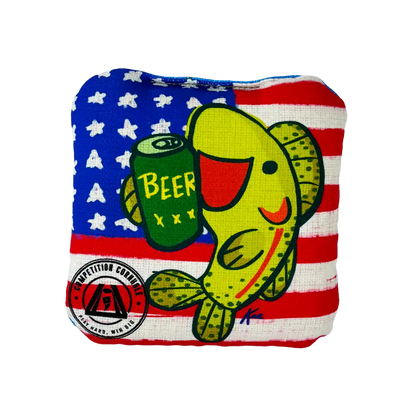 Fish with a beer can on an American flag background