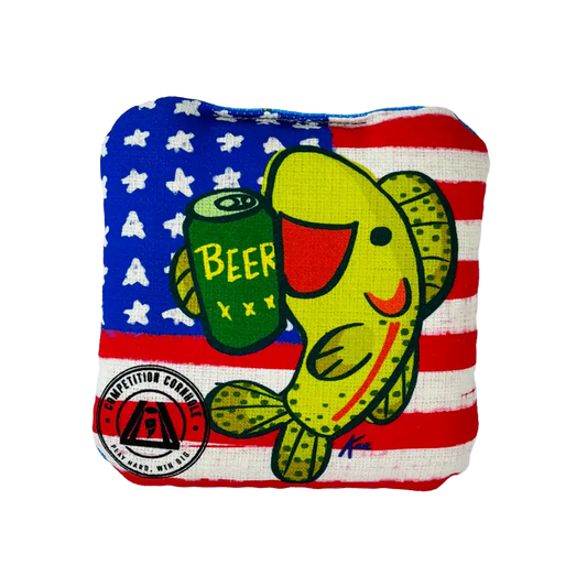 Fish with a beer can on an American flag background