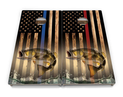 Blue & Red Line Burnt Flag Deer & Fish Cornhole Boards - Professional Tournament Series