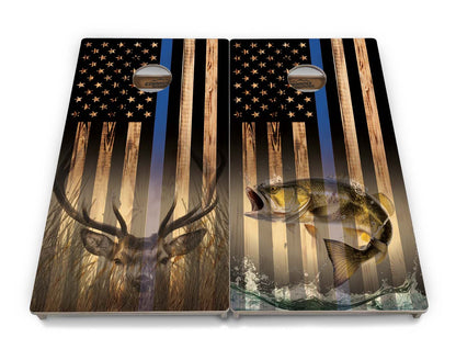 Blue & Red Line Burnt Flag Deer & Fish Cornhole Boards - Professional Tournament Series