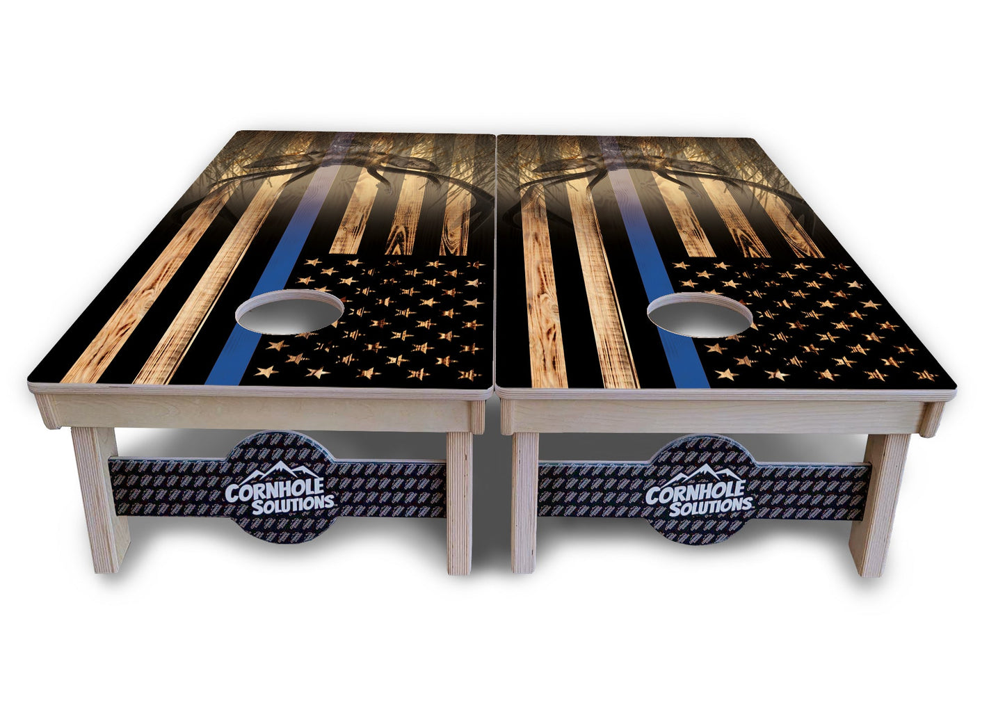 Blue & Red Line Burnt Flag Deer & Fish Cornhole Boards - Professional Tournament Series