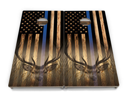 Blue & Red Line Burnt Flag Deer & Fish Cornhole Boards - Professional Tournament Series