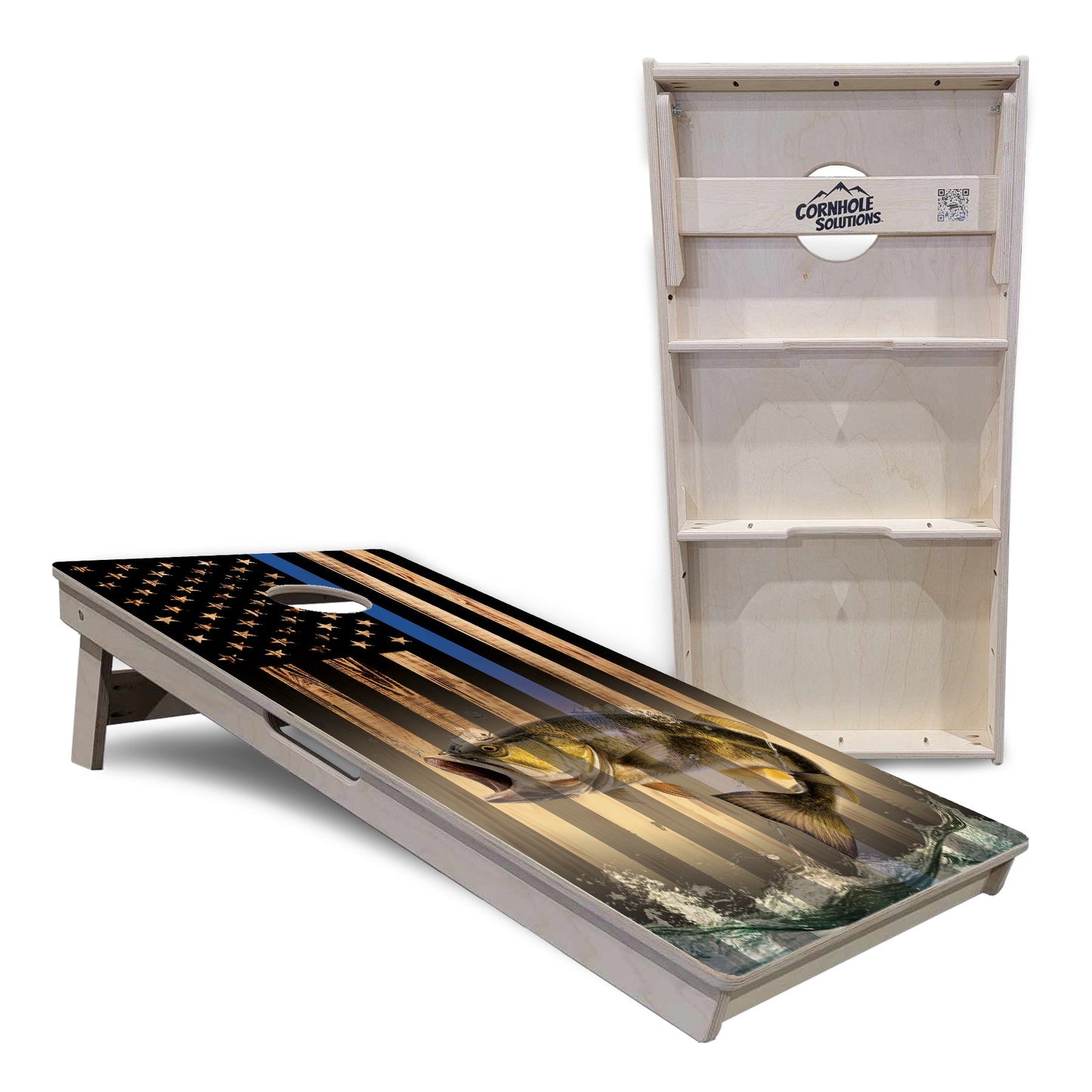 Blue & Red Line Burnt Flag Deer & Fish Cornhole Boards - Professional Tournament Series