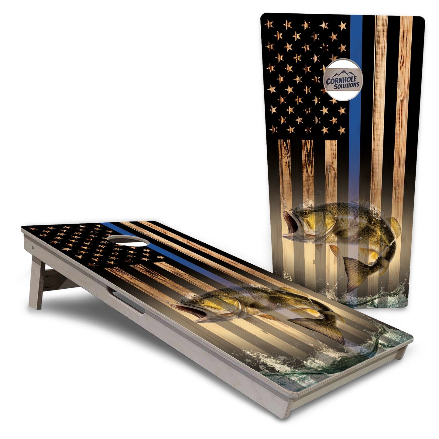 Blue & Red Line Burnt Flag Deer & Fish Cornhole Boards - Professional Tournament Series