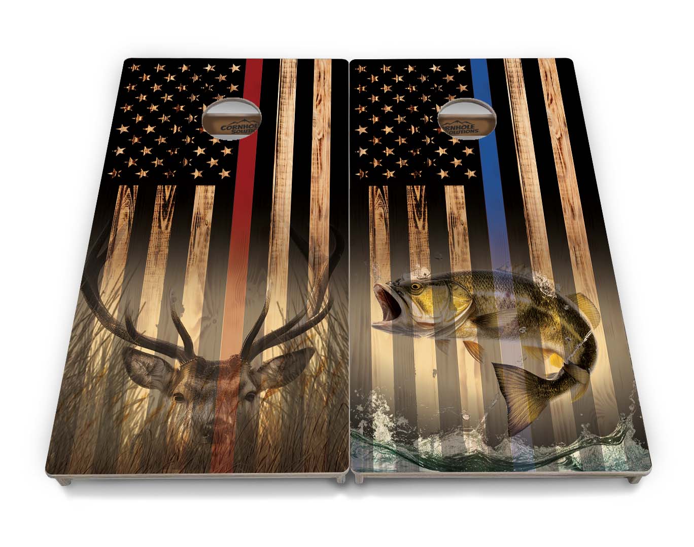 Blue & Red Line Burnt Flag Deer & Fish Cornhole Boards - Professional Tournament Series