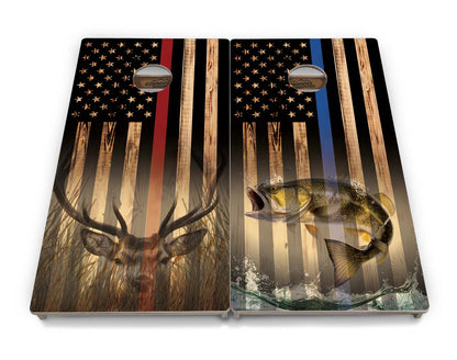 Blue & Red Line Burnt Flag Deer & Fish Cornhole Boards - Professional Tournament Series