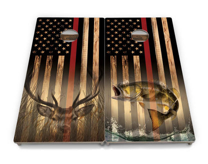 Blue & Red Line Burnt Flag Deer & Fish Cornhole Boards - Professional Tournament Series