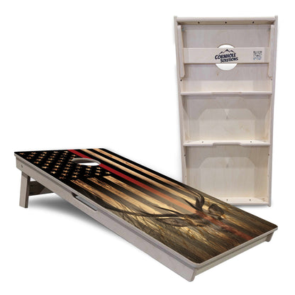 Blue & Red Line Burnt Flag Deer & Fish Cornhole Boards - Professional Tournament Series