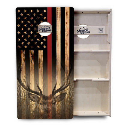 Blue & Red Line Burnt Flag Deer & Fish Cornhole Boards - Professional Tournament Series