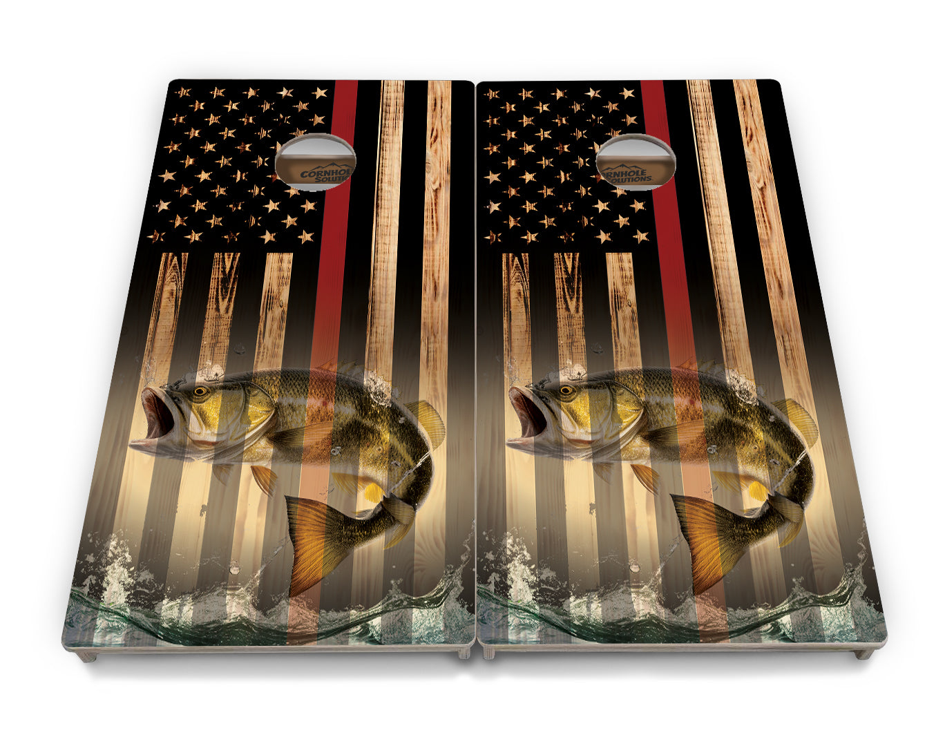 Blue & Red Line Burnt Flag Deer & Fish Cornhole Boards - Professional Tournament Series