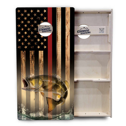 Blue & Red Line Burnt Flag Deer & Fish Cornhole Boards - Professional Tournament Series